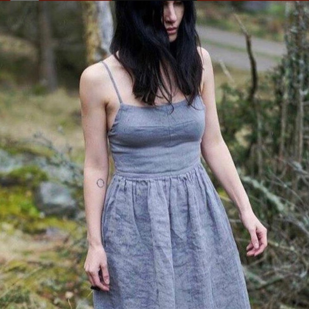 Ovate Mathilde Dress in crinkly steel blue linen